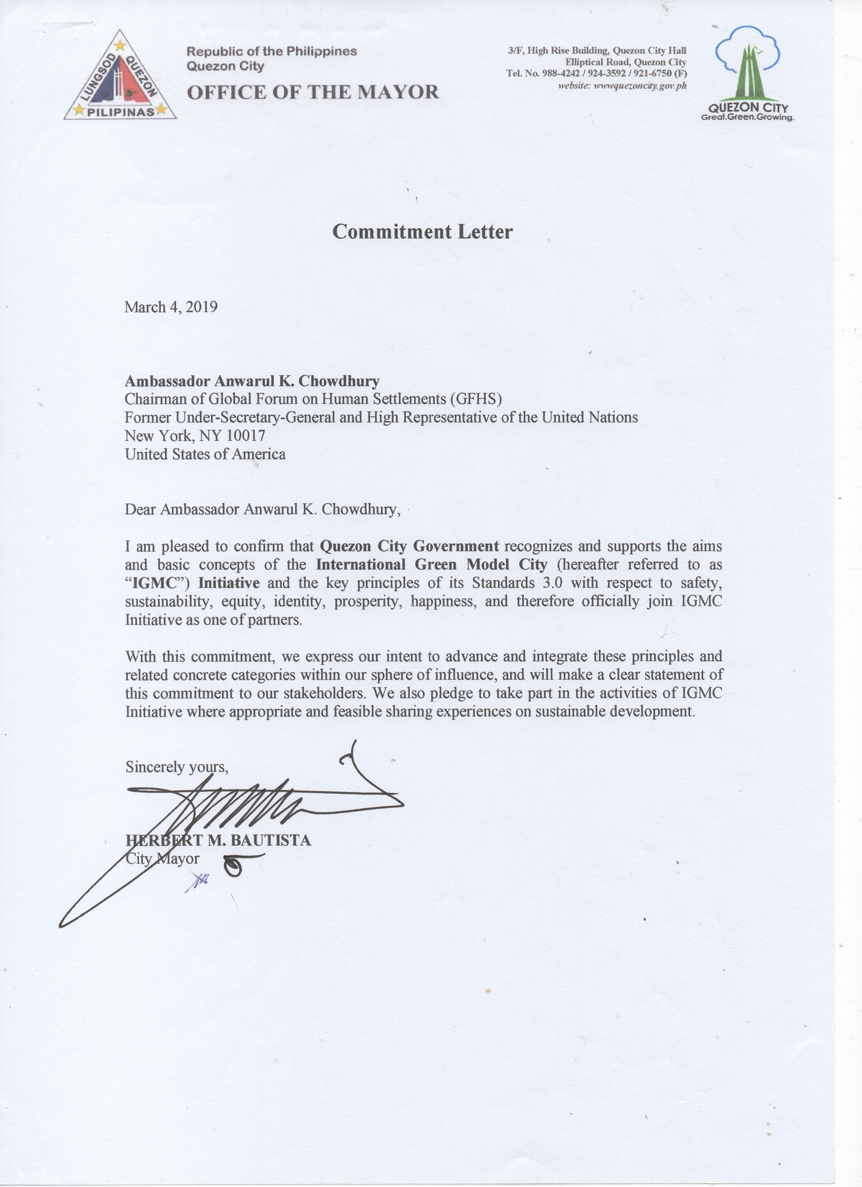 菲律宾奎松市长签署加入国际绿色范例新城(IGMC )倡议的函